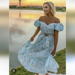 Love Shack Fancy Blue Floral Puff Sleeve Maxi Dress Sz 0